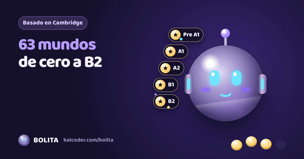 Ruta de mundos de BOLITA con medallas doradas y candados, de Pre A1 a B2.